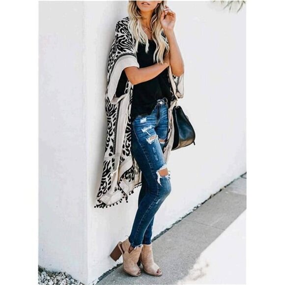 Women's Floral Kimono Cardigan Tassel Beach Cover-Up Swimwear Summer Vacation - Picture 5 of 6